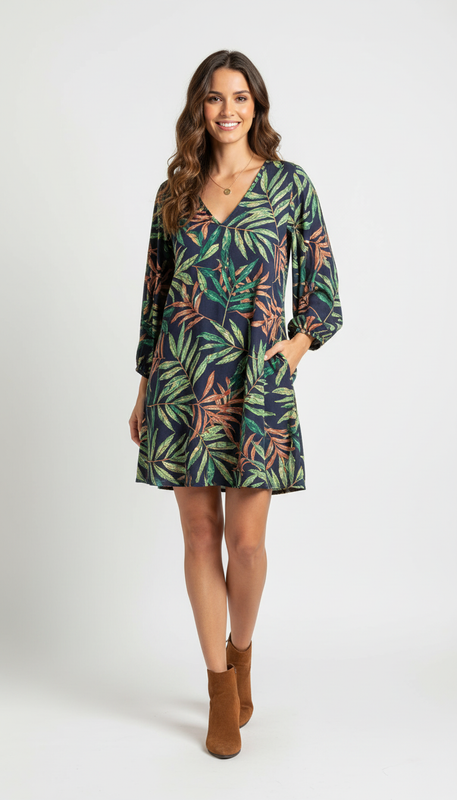 Vestido Corto con Estampado de Hojas y Mangas Largas