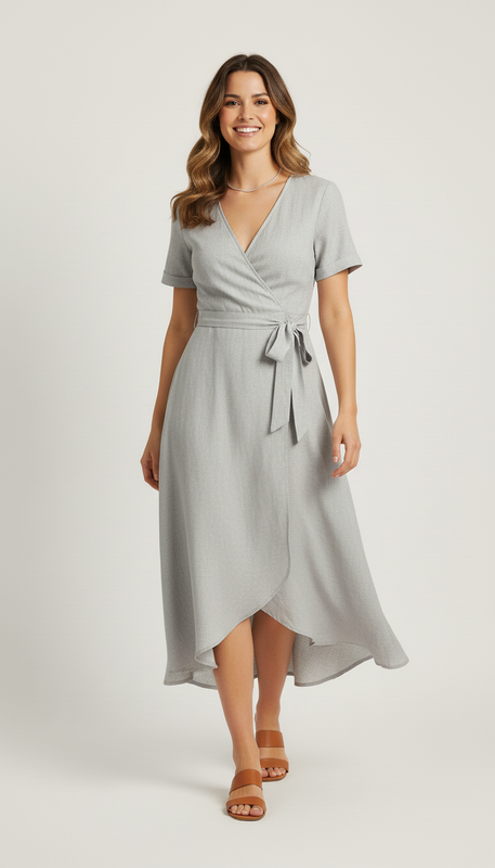 Vestido Cruzado de Lino con Mangas Cortas